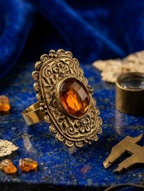 Vintage-Inspired Gold Toned Antique Ring with Amber Gemstone